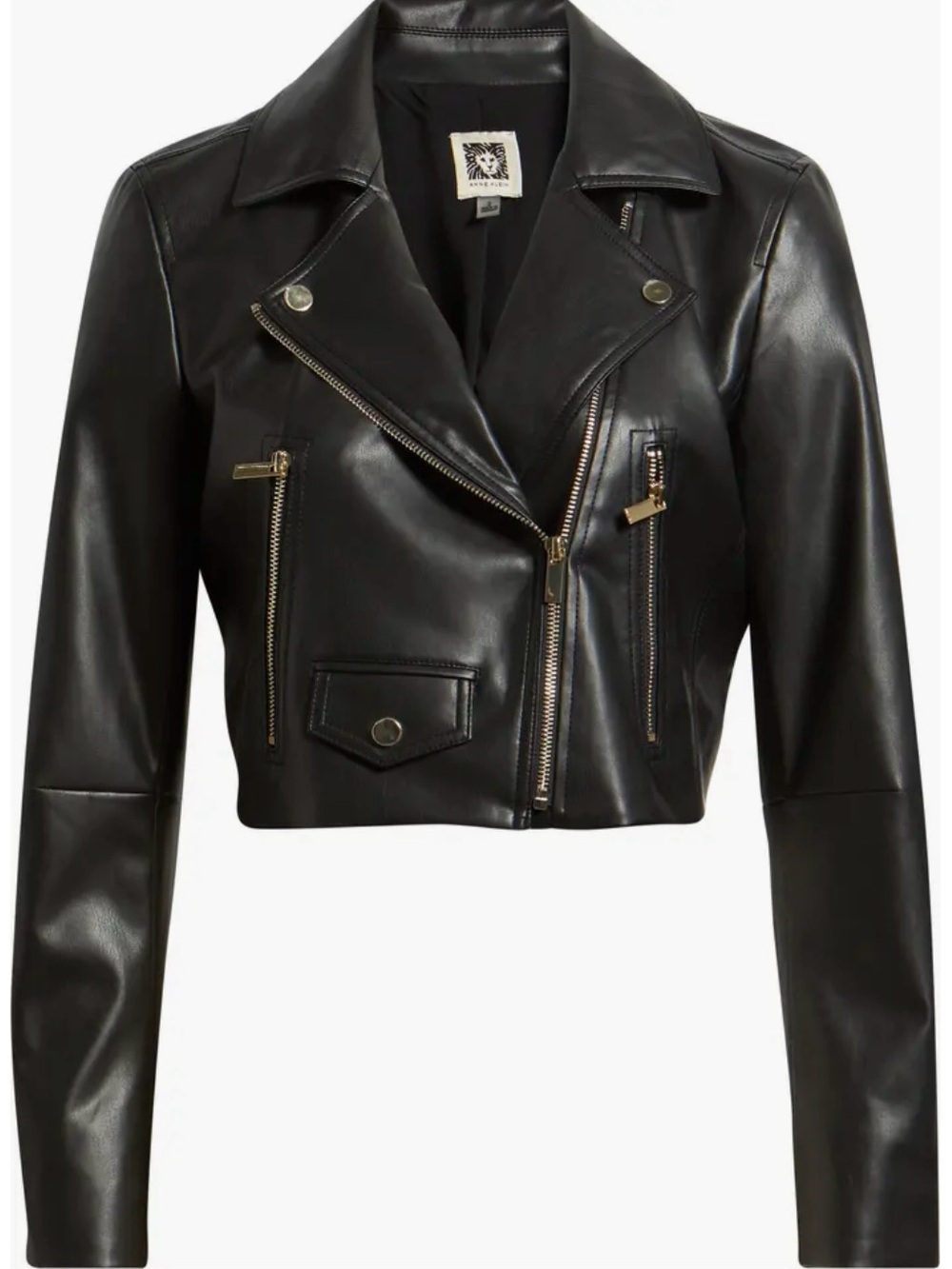 Anne Klein Black Cropped Leather Moto Jacket with Gold Hardware